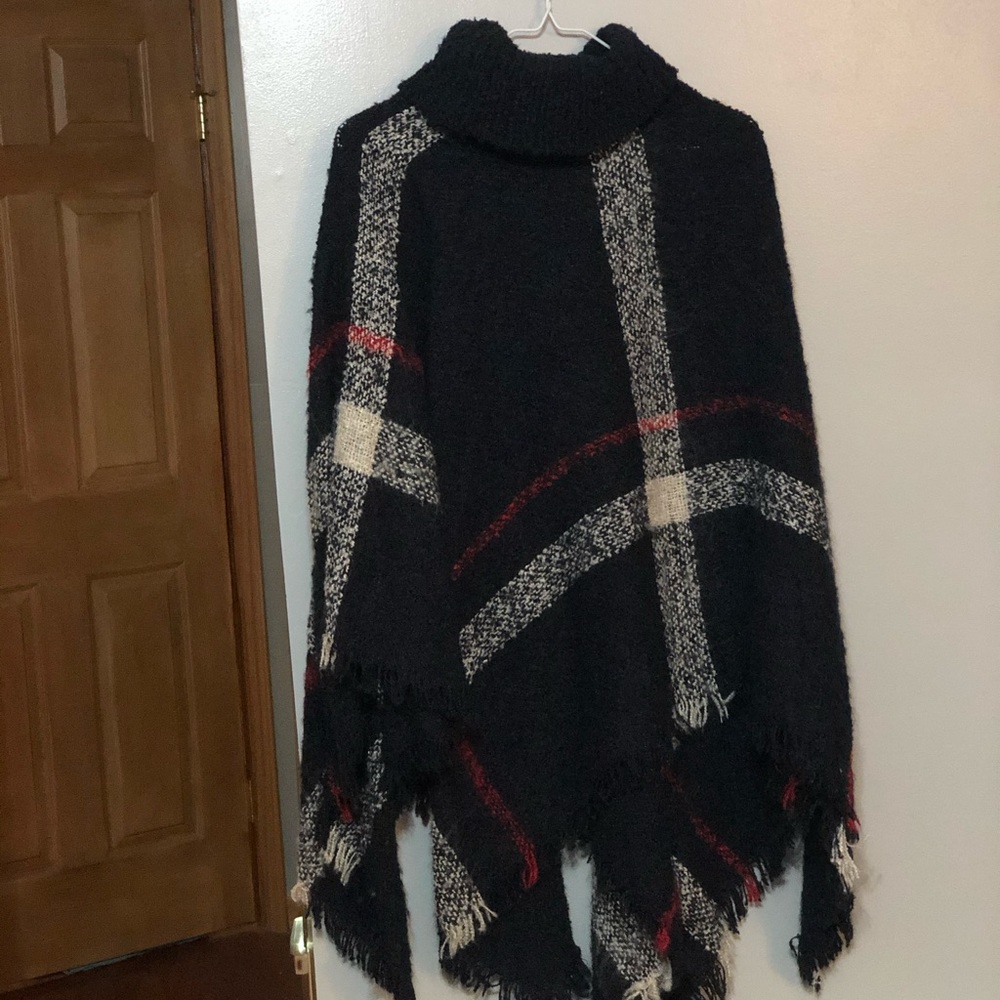 Navy blue plaid turtle neck sweater poncho